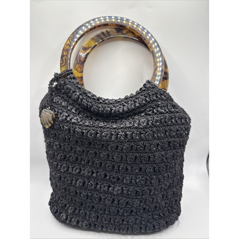 Vintage Black Crochet Liz Claiborne Purse Plastic Wood Color Handle